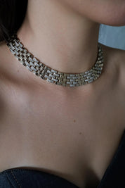 Vintage Panetta woven-link chain necklace with champagne gold tone and crystal-embellished links