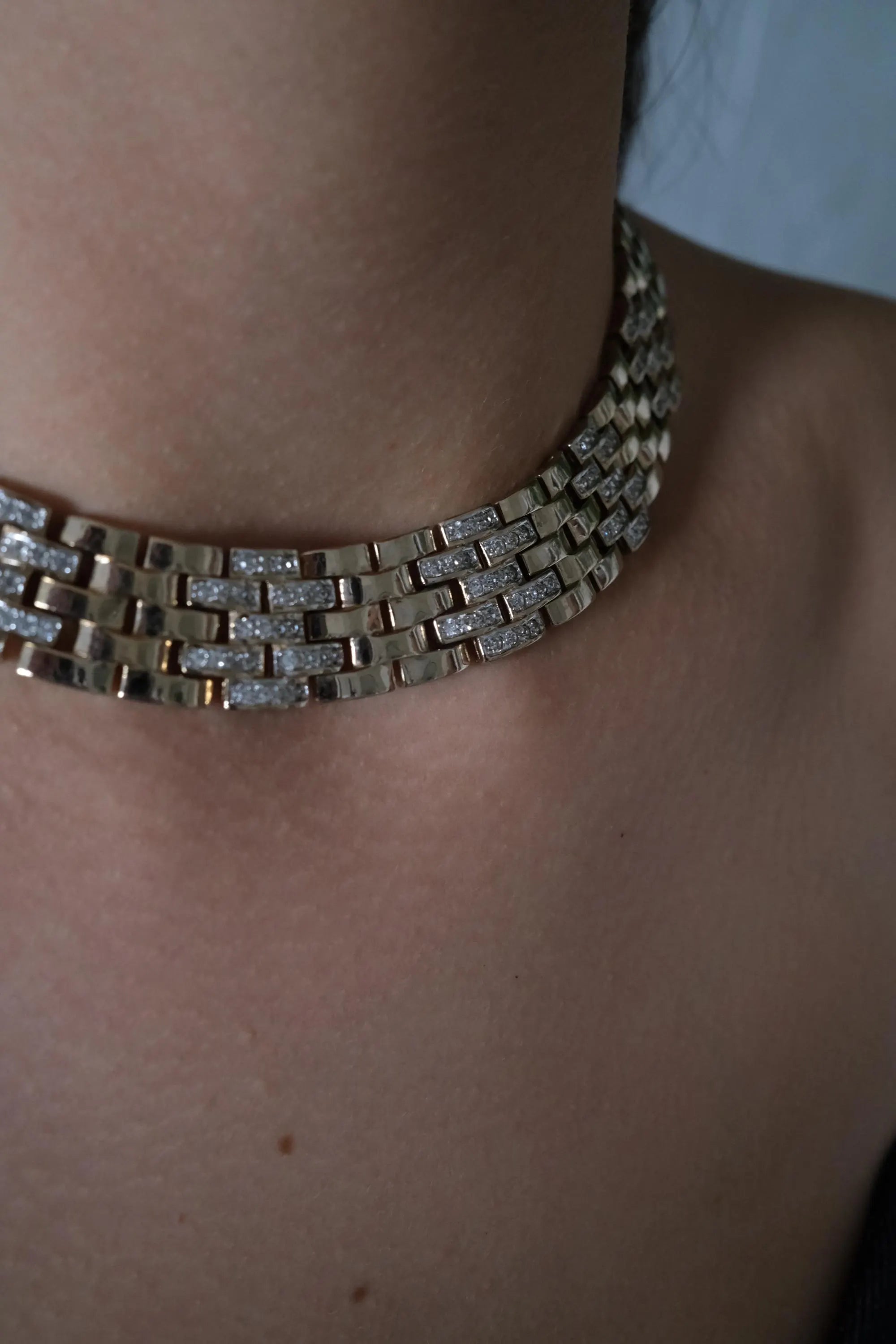 Vintage Panetta woven-link chain necklace with champagne gold tone and crystal-embellished links