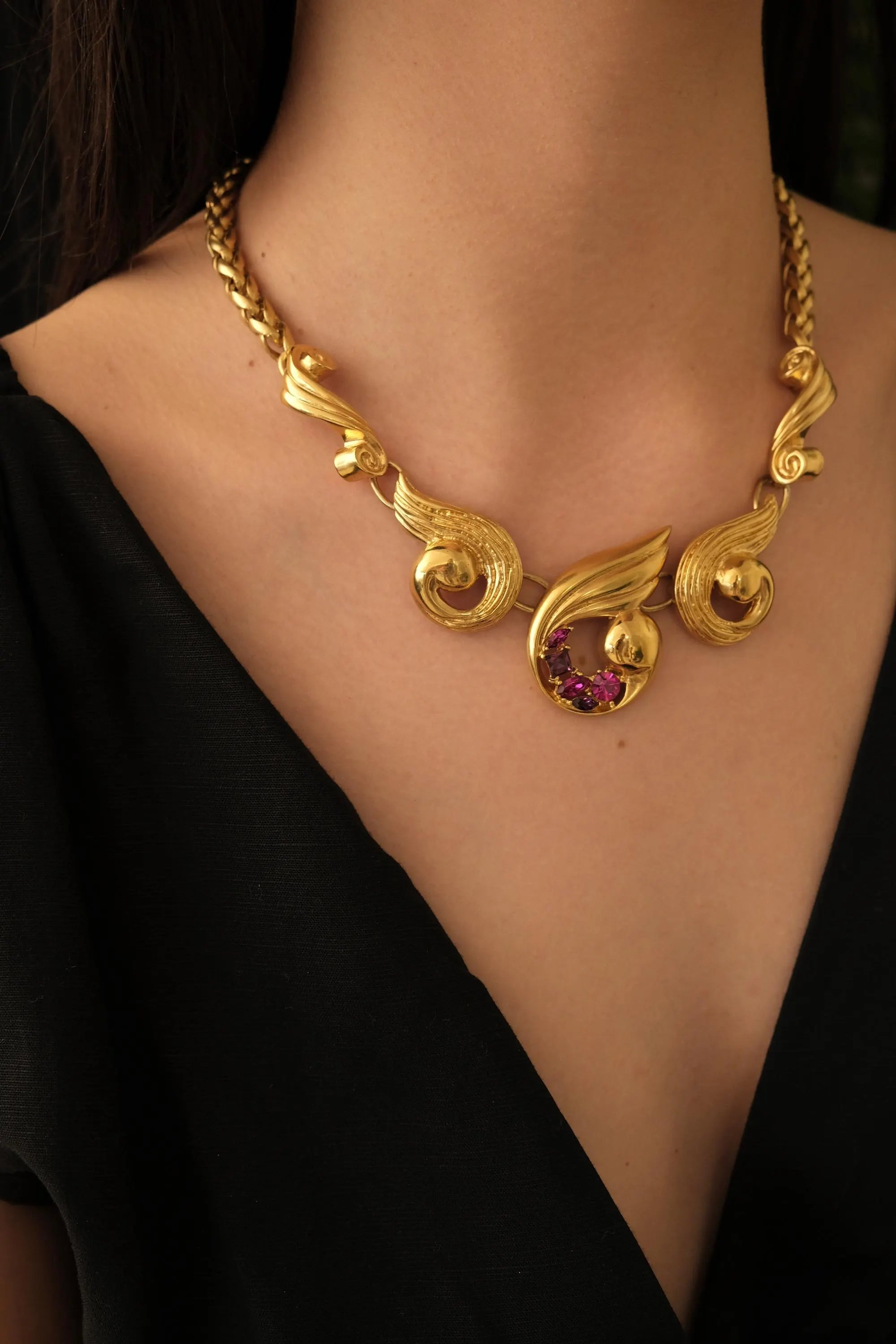 Vintage Pierre Balmain Necklace 1980s – Gold Statement Necklace with Red Crystals – French Designer Jewelry