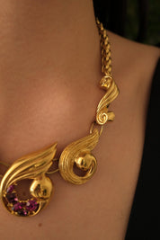 Vintage Pierre Balmain Necklace 1980s – Gold Statement Necklace with Red Crystals – French Designer Jewelry