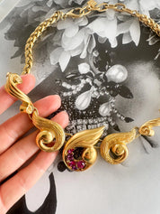 Vintage Pierre Balmain Necklace 1980s – Gold Statement Necklace with Red Crystals – French Designer Jewelry