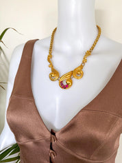 Vintage Pierre Balmain Necklace 1980s – Gold Statement Necklace with Red Crystals – French Designer Jewelry