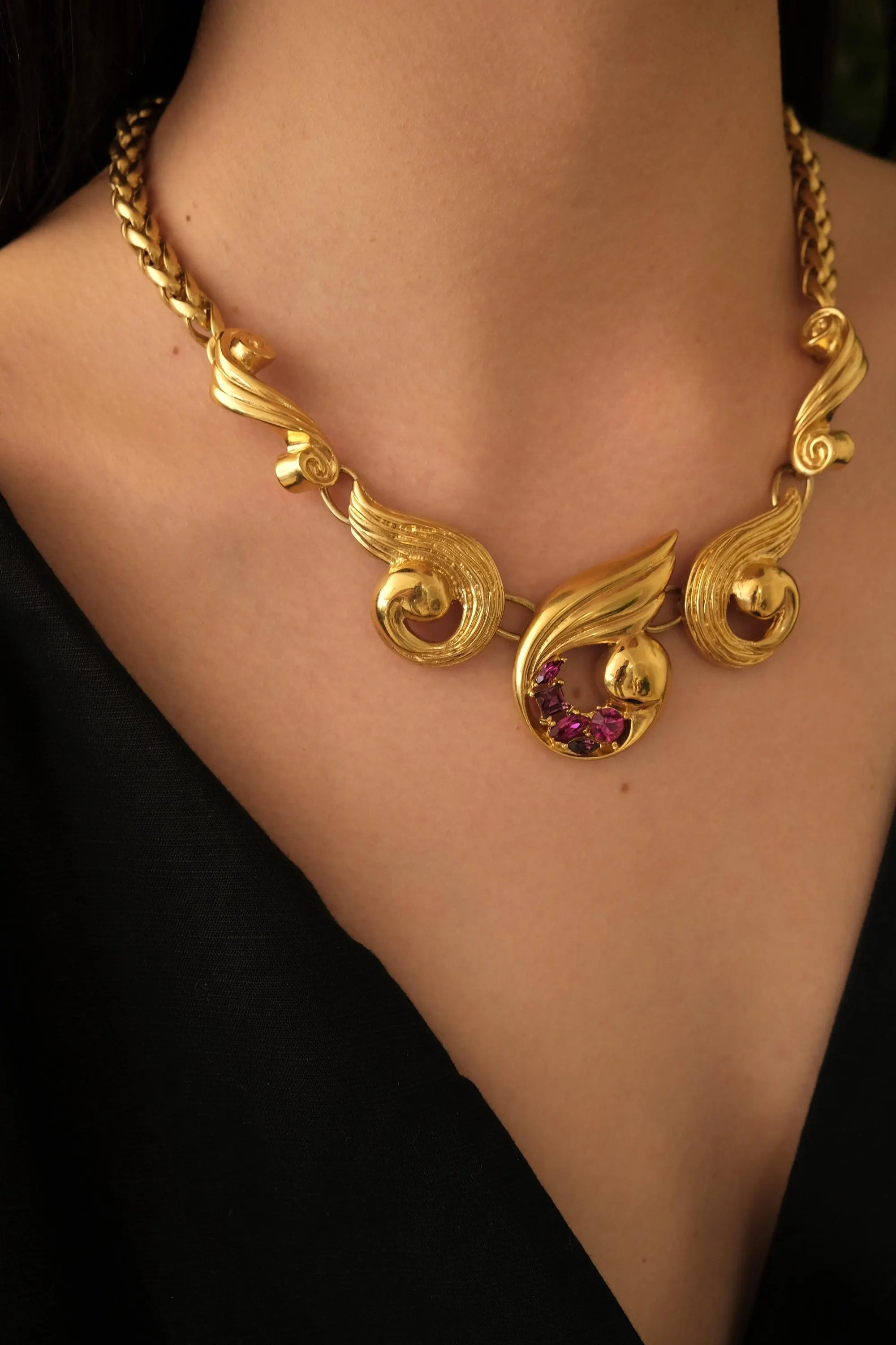 Vintage Pierre Balmain Necklace 1980s – Gold Statement Necklace with Red Crystals – French Designer Jewelry