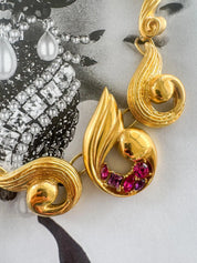 Vintage Pierre Balmain Necklace 1980s – Gold Statement Necklace with Red Crystals – French Designer Jewelry