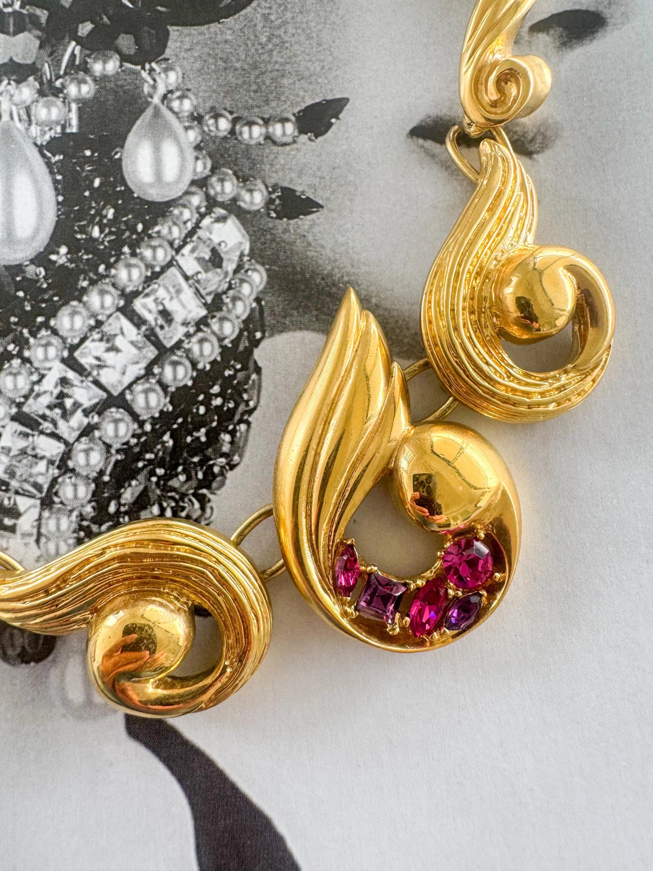 Vintage Pierre Balmain Necklace 1980s – Gold Statement Necklace with Red Crystals – French Designer Jewelry