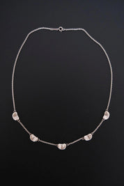 Full view of vintage Tiffany & Co Elsa Peretti Five Bean necklace with five sculptural silver motifs along a fine chain