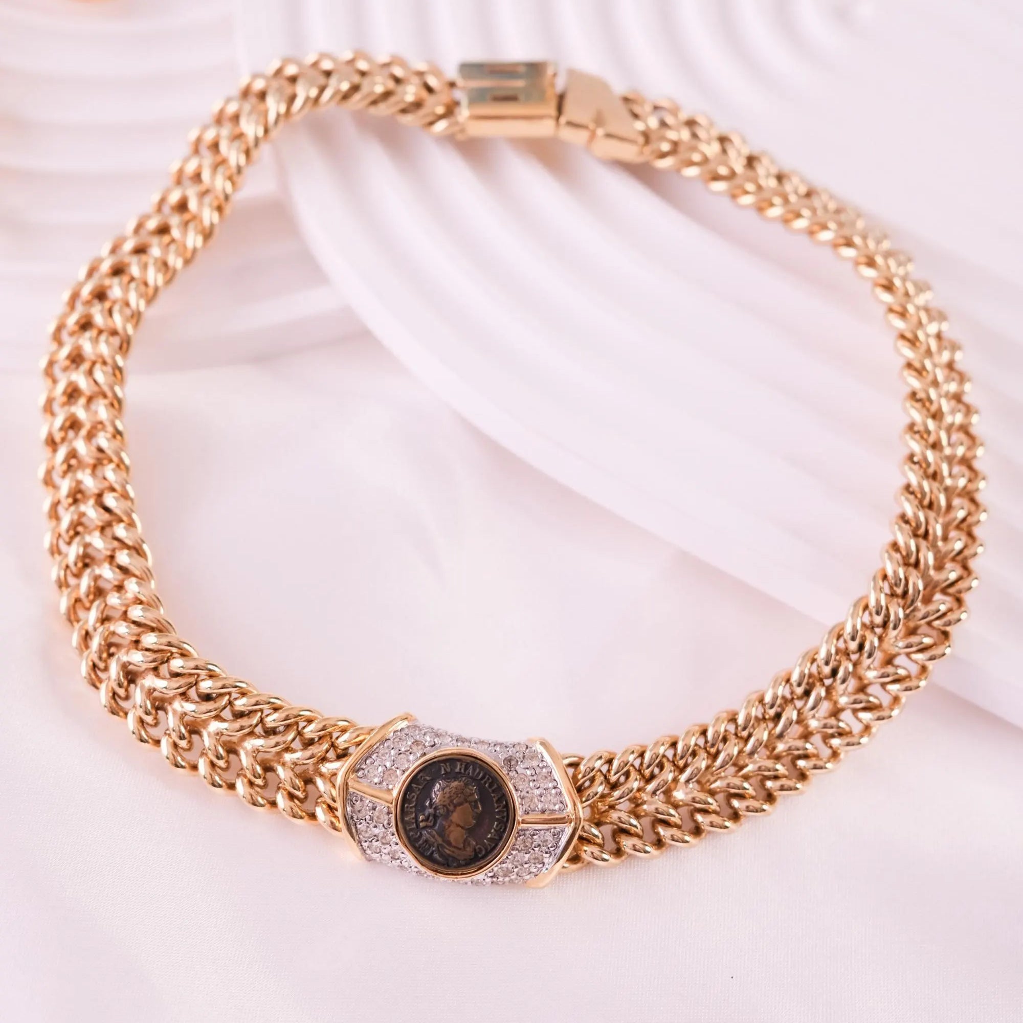 Vintage Vogue Bijoux Choker: Gold Medallion Pave Rhinestone Necklace