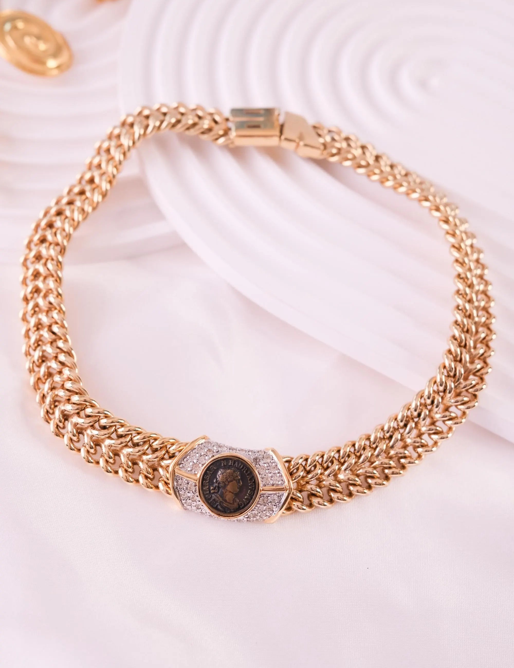 Vintage Vogue Bijoux Choker: Gold Medallion Pave Rhinestone Necklace