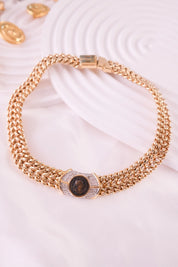 Vintage Vogue Bijoux Choker: Gold Medallion Pave Rhinestone Necklace