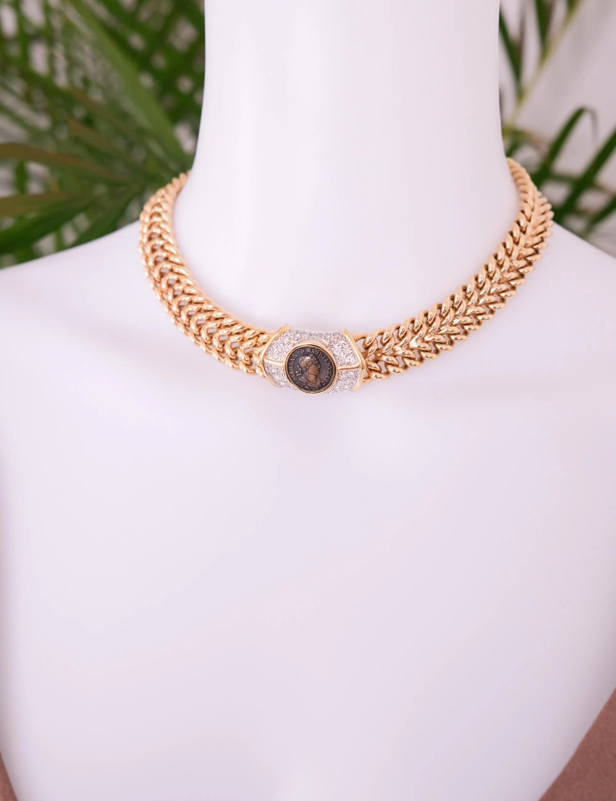 Vintage Vogue Bijoux Choker: Gold Medallion Pave Rhinestone Necklace