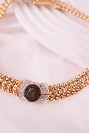 Vintage Vogue Bijoux Choker: Gold Medallion Pave Rhinestone Necklace