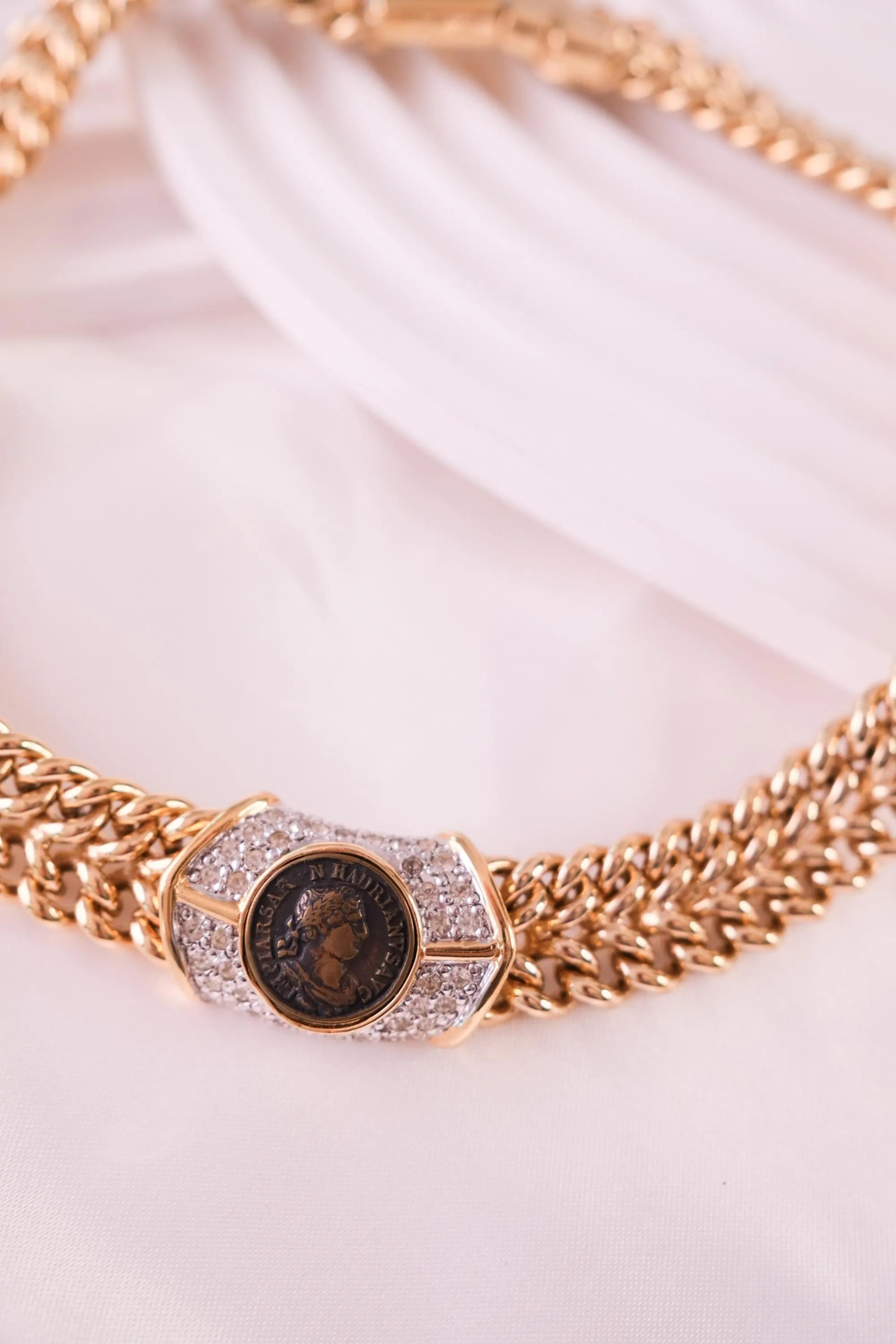 Vintage Vogue Bijoux Choker: Gold Medallion Pave Rhinestone Necklace