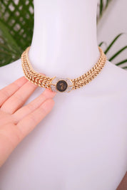 Vintage Vogue Bijoux Choker: Gold Medallion Pave Rhinestone Necklace Charm Women Jewelry