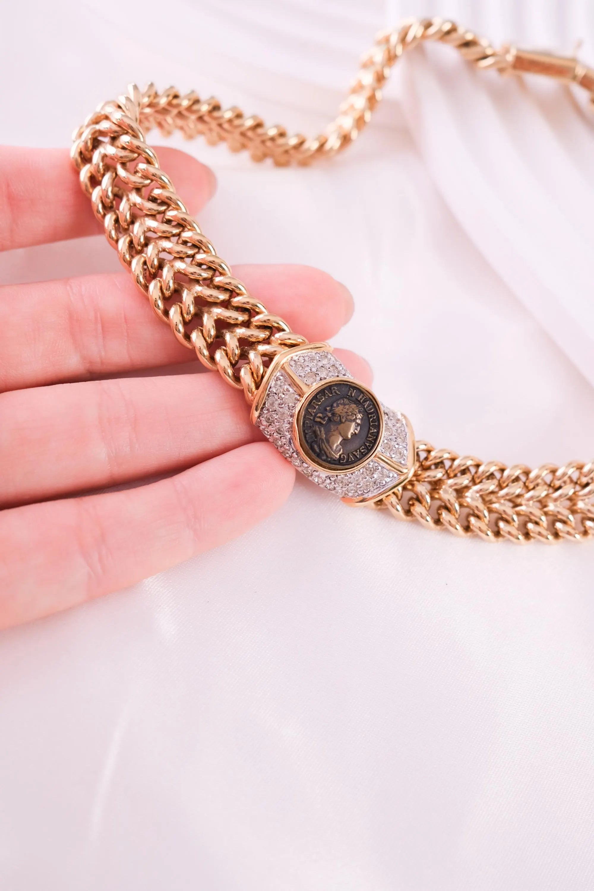 Vintage Vogue Bijoux Choker: Gold Medallion Pave Rhinestone Necklace Charm Women Jewelry