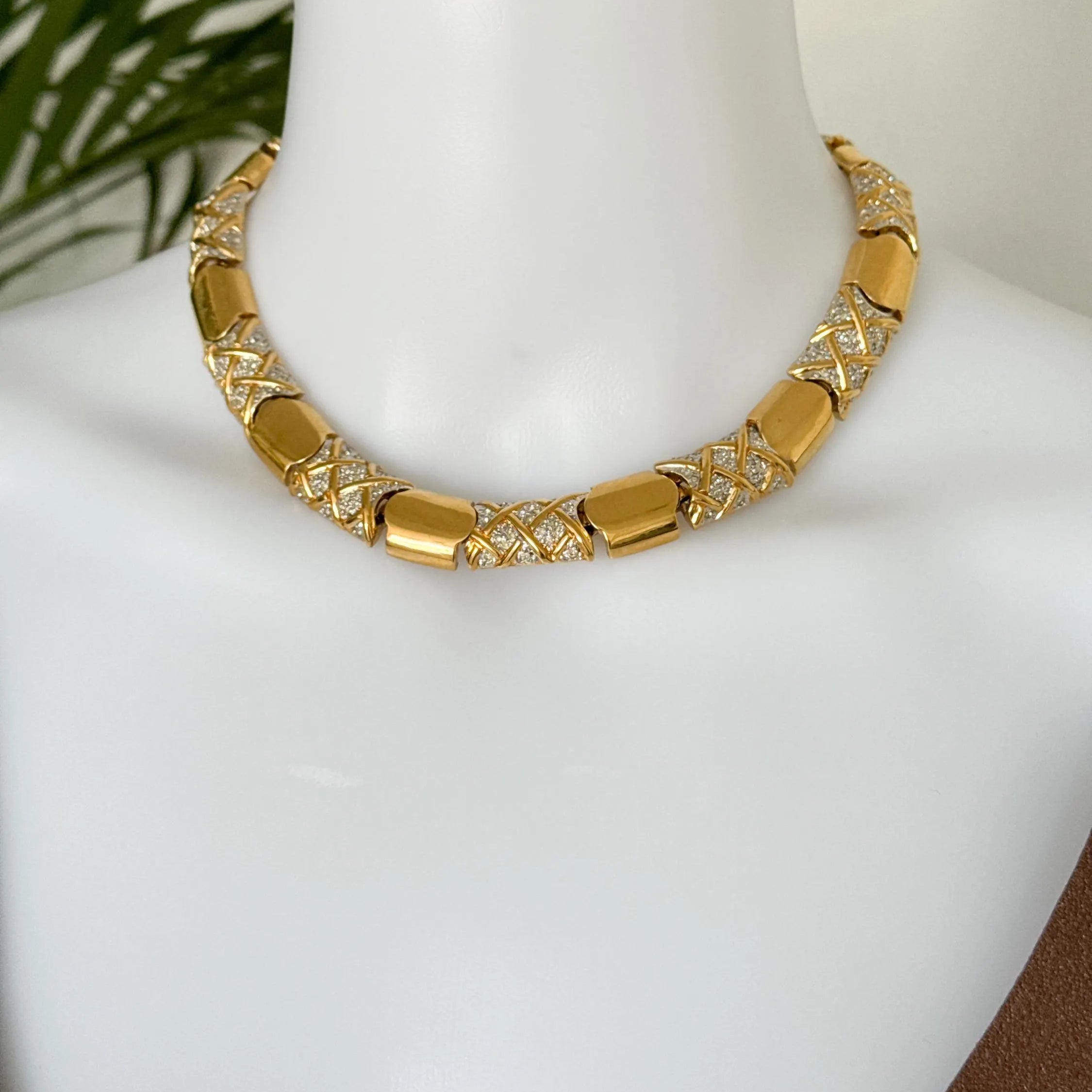 Vintage Vogue Bijoux Choker Necklace 1980s Gold Collat pave crystals , Statement Jewelry, Signed Designer Piece, Vintage Jewelry Women