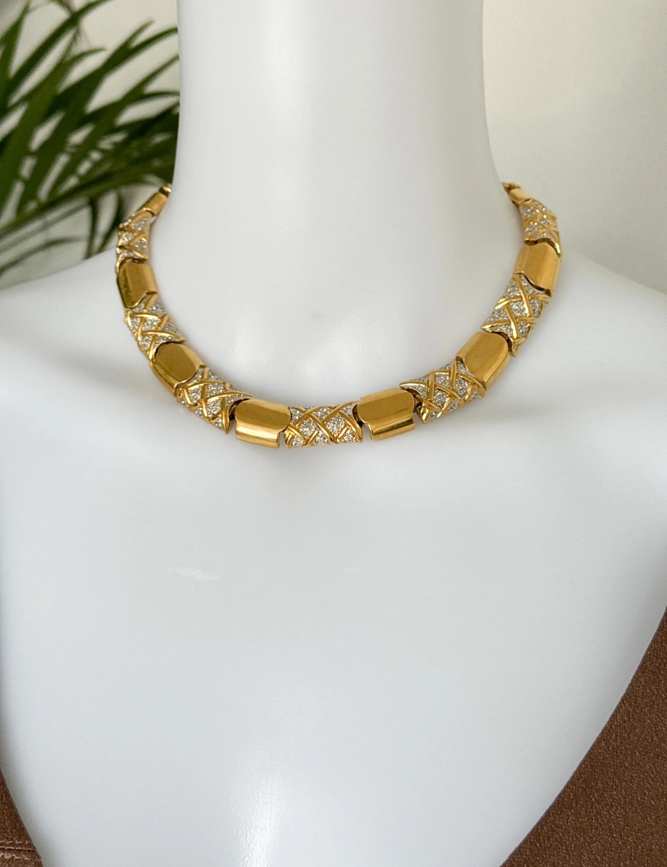 Vintage Vogue Bijoux Choker Necklace 1980s Gold Collat pave crystals , Statement Jewelry, Signed Designer Piece, Vintage Jewelry Women