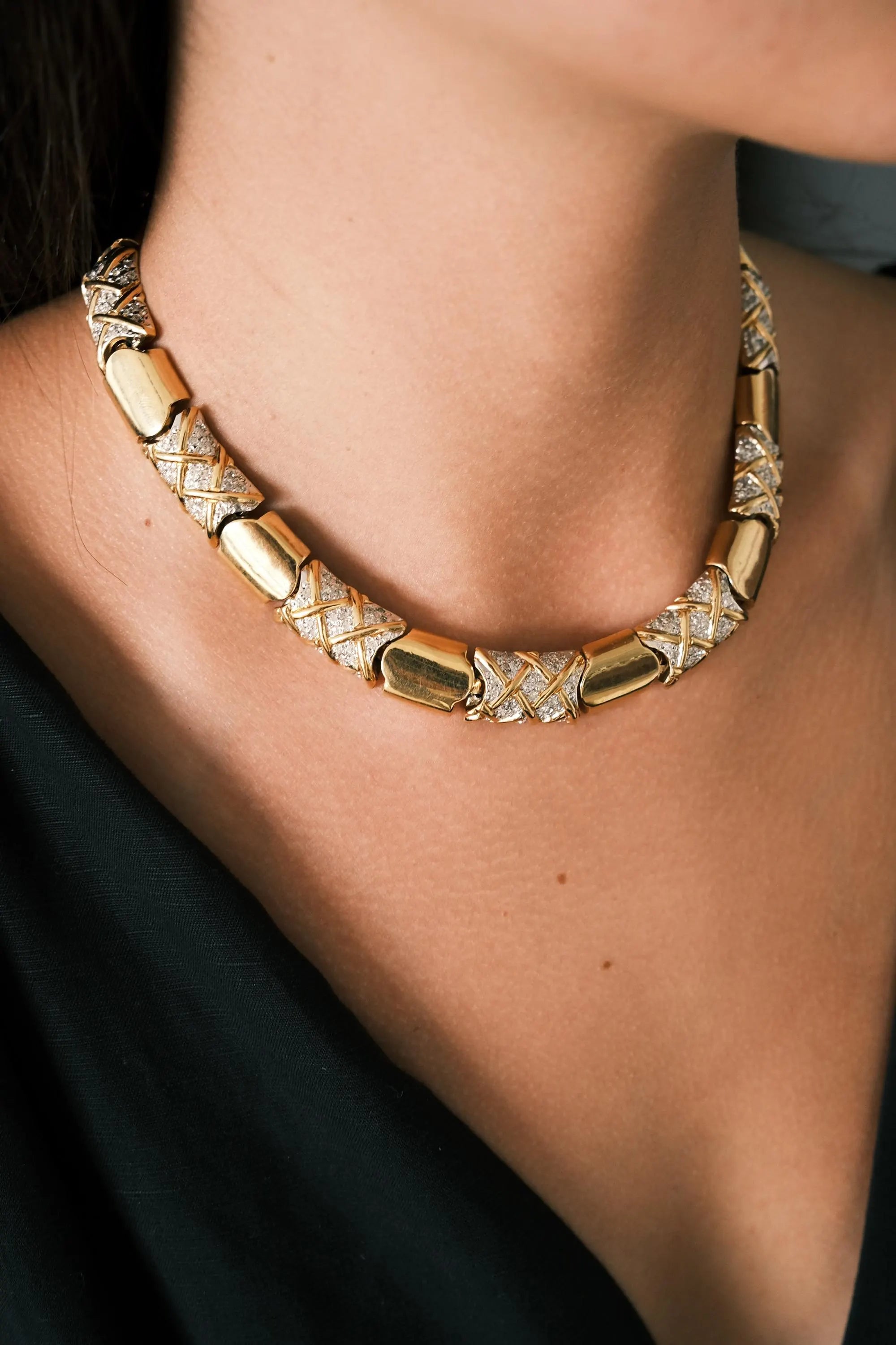Vintage Vogue Bijoux Choker Necklace 1980s Gold Collat pave crystals , Statement Jewelry, Signed Designer Piece, Vintage Jewelry Women