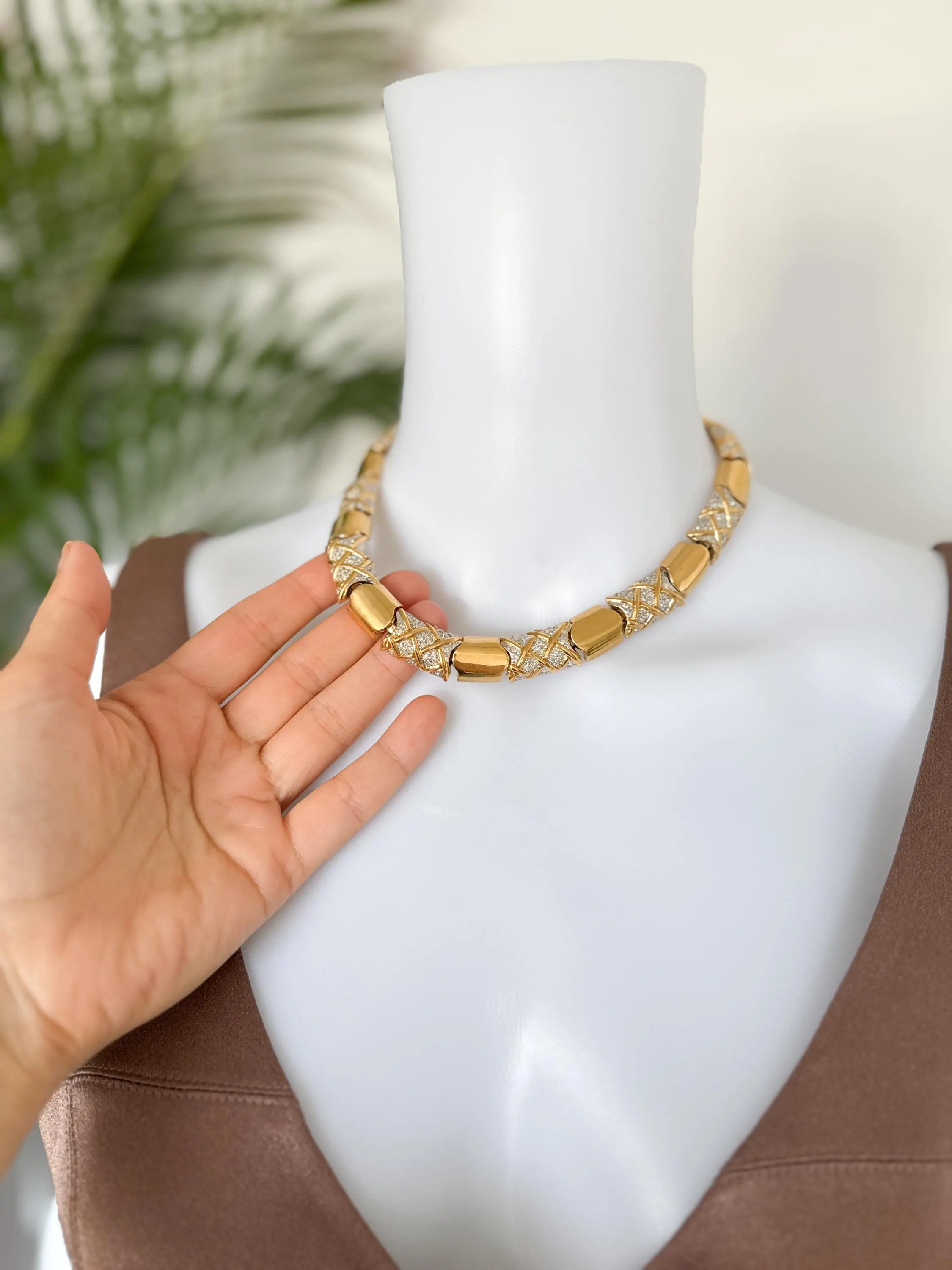 Vintage Vogue Bijoux Choker Necklace 1980s Gold Collat pave crystals , Statement Jewelry, Signed Designer Piece, Vintage Jewelry Women