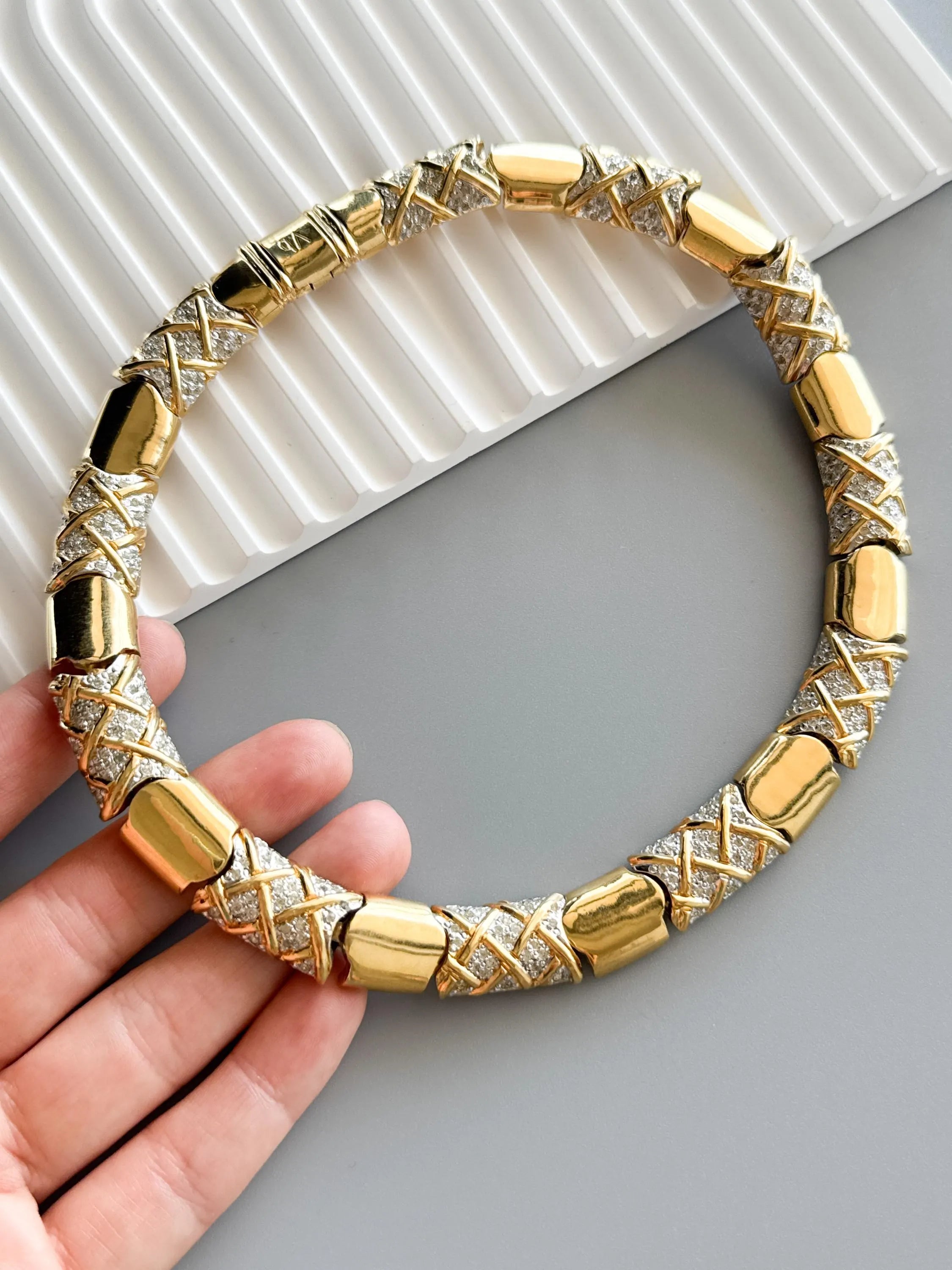 Vintage Vogue Bijoux Choker Necklace 1980s Gold Collat pave crystals , Statement Jewelry, Signed Designer Piece, Vintage Jewelry Women