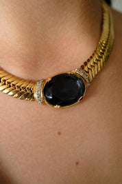Vintage Vogue Bijoux Choker Necklace 1980s Gold Collar with Blue Cabochon, Statement Jewelry, Signed Designer Piece, Vintage Jewelry Women