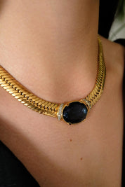 Vintage Vogue Bijoux Choker Necklace 1980s Gold Collar with Blue Cabochon, Statement Jewelry, Signed Designer Piece, Vintage Jewelry Women