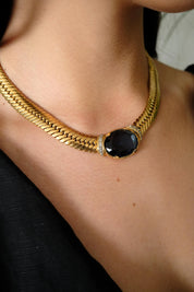 Vintage Vogue Bijoux Choker Necklace 1980s Gold Collar with Blue Cabochon, Statement Jewelry, Signed Designer Piece, Vintage Jewelry Women