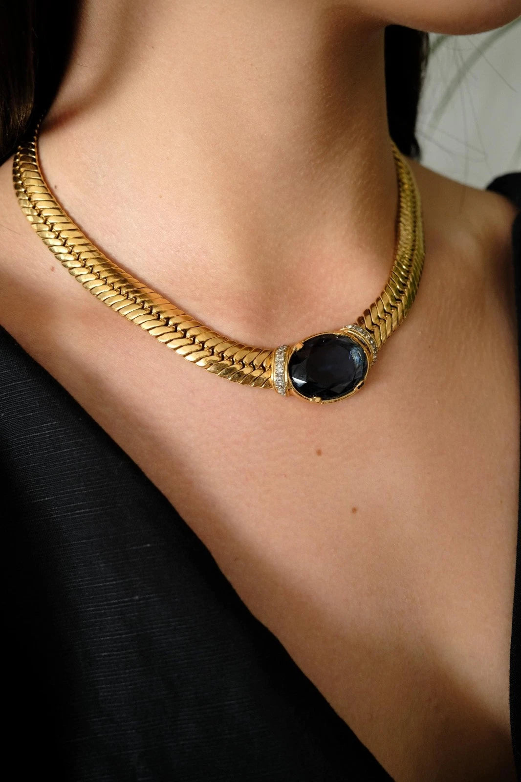 Vintage Vogue Bijoux Choker Necklace 1980s Gold Collar with Blue Cabochon, Statement Jewelry, Signed Designer Piece, Vintage Jewelry Women