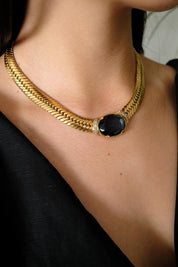 Vintage Vogue Bijoux Choker Necklace 1980s Gold Collar with Blue Cabochon, Statement Jewelry, Signed Designer Piece, Vintage Jewelry Women