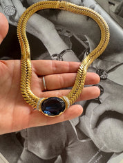 Vintage Vogue Bijoux Choker Necklace 1980s Gold Collar with Blue Cabochon, Statement Jewelry, Signed Designer Piece, Vintage Jewelry Women