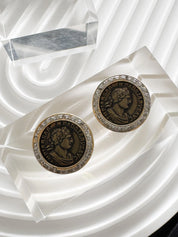 Vintage Vogue Bijoux Coin Clip-On Earrings, Black Medallion Earrings, Jewelry for Women, Round earrings, Vintage Rhinestone