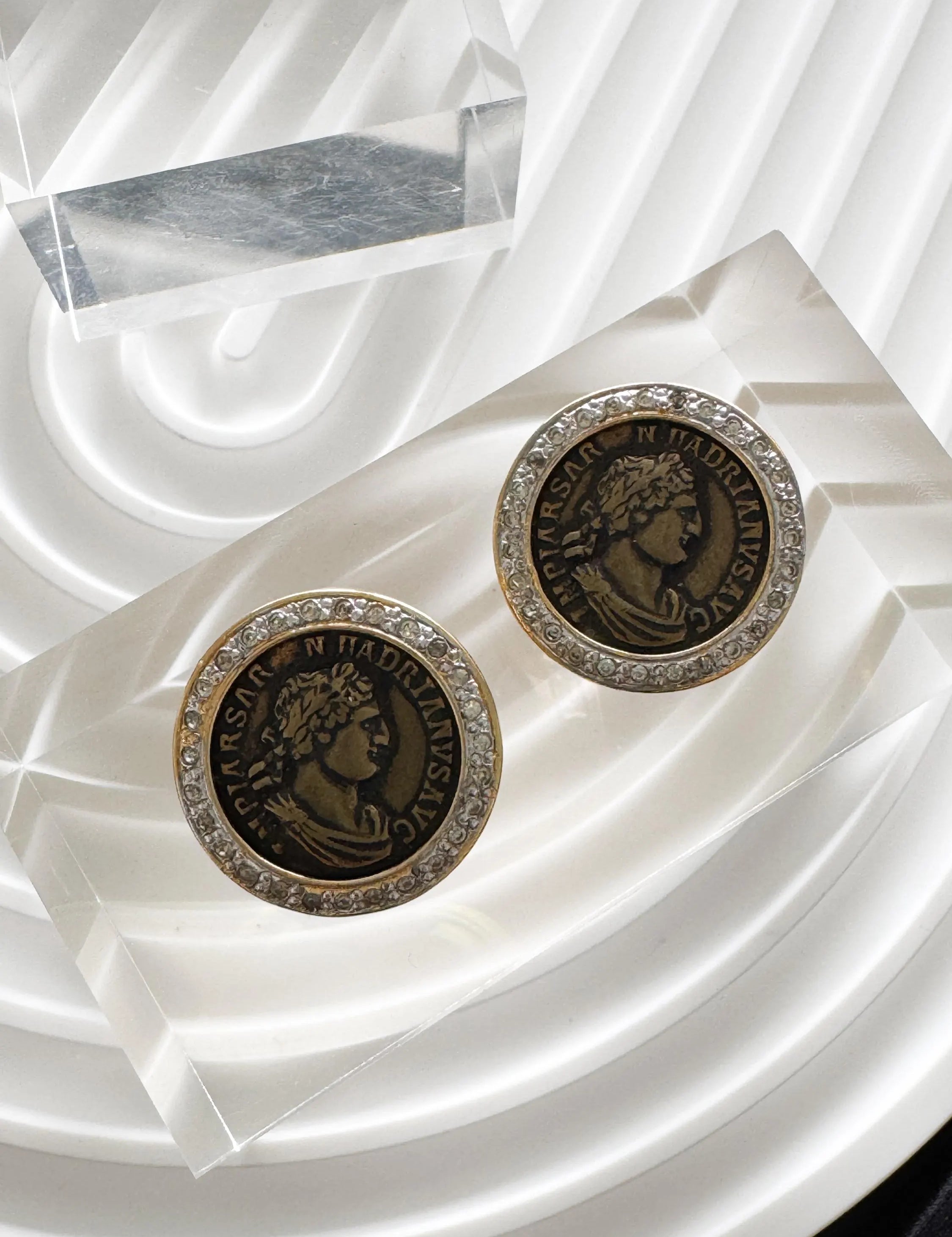 Vintage Vogue Bijoux Coin Clip-On Earrings, Black Medallion Earrings, Jewelry for Women, Round earrings, Vintage Rhinestone