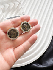 Vintage Vogue Bijoux Coin Clip-On Earrings, Black Medallion Earrings, Jewelry for Women, Round earrings, Vintage Rhinestone