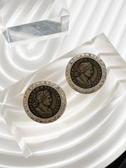 Vintage Vogue Bijoux Coin Clip-On Earrings, Black Medallion Earrings, Jewelry for Women, Round earrings, Vintage Rhinestone