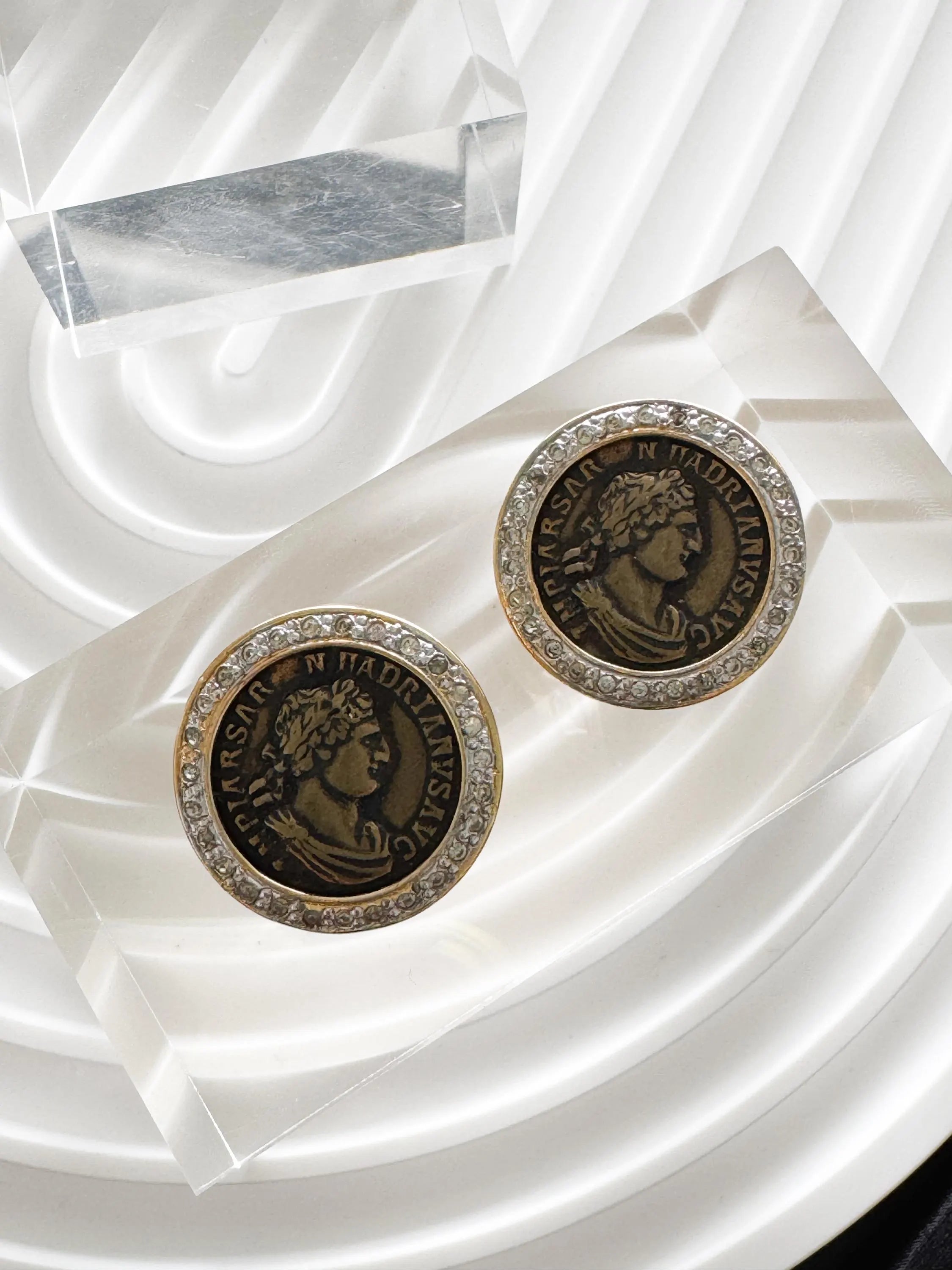 Vintage Vogue Bijoux Coin Clip-On Earrings, Black Medallion Earrings, Jewelry for Women, Round earrings, Vintage Rhinestone