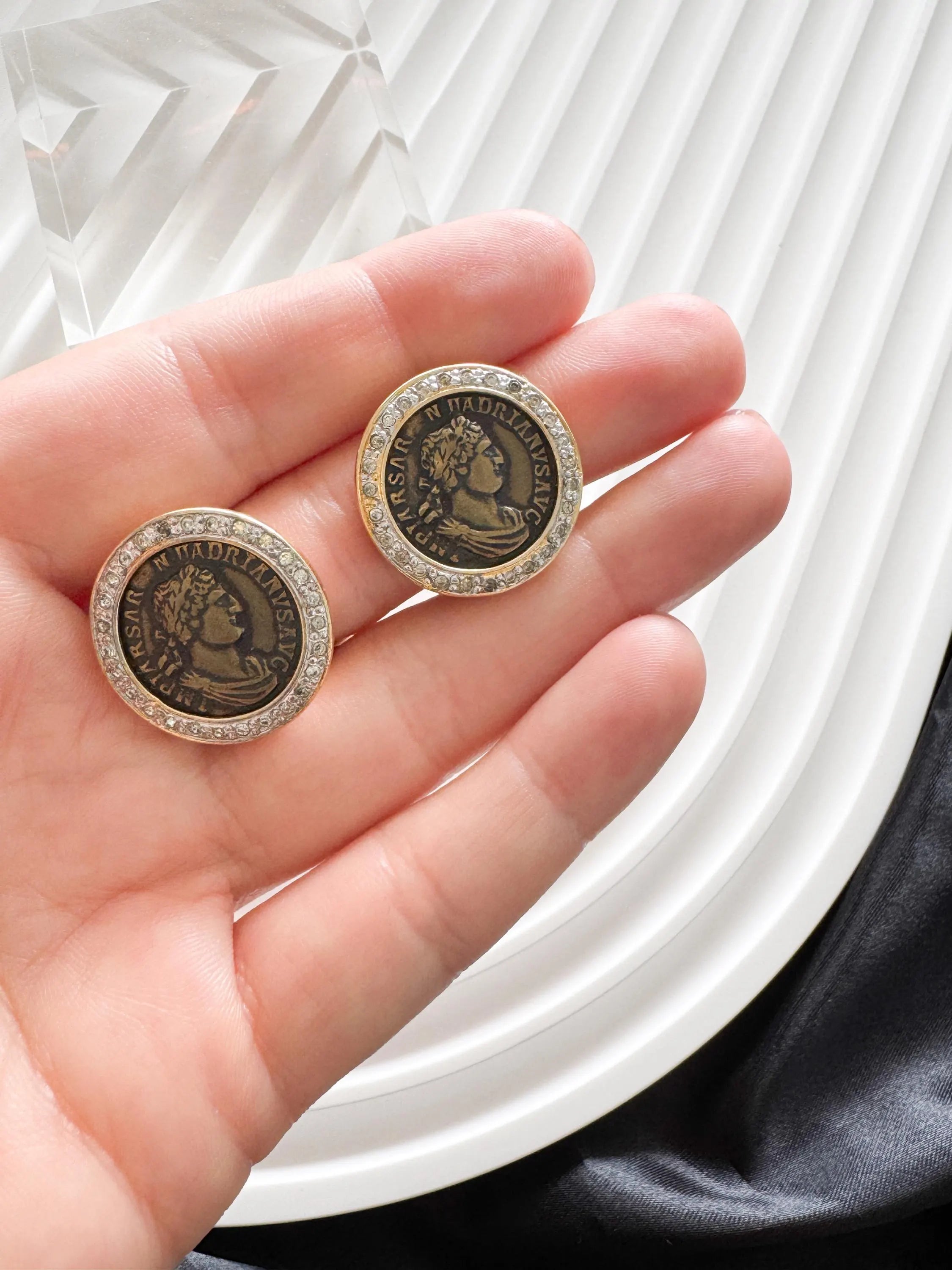 Vintage Vogue Bijoux Coin Clip-On Earrings, Black Medallion Earrings, Jewelry for Women, Round earrings, Vintage Rhinestone
