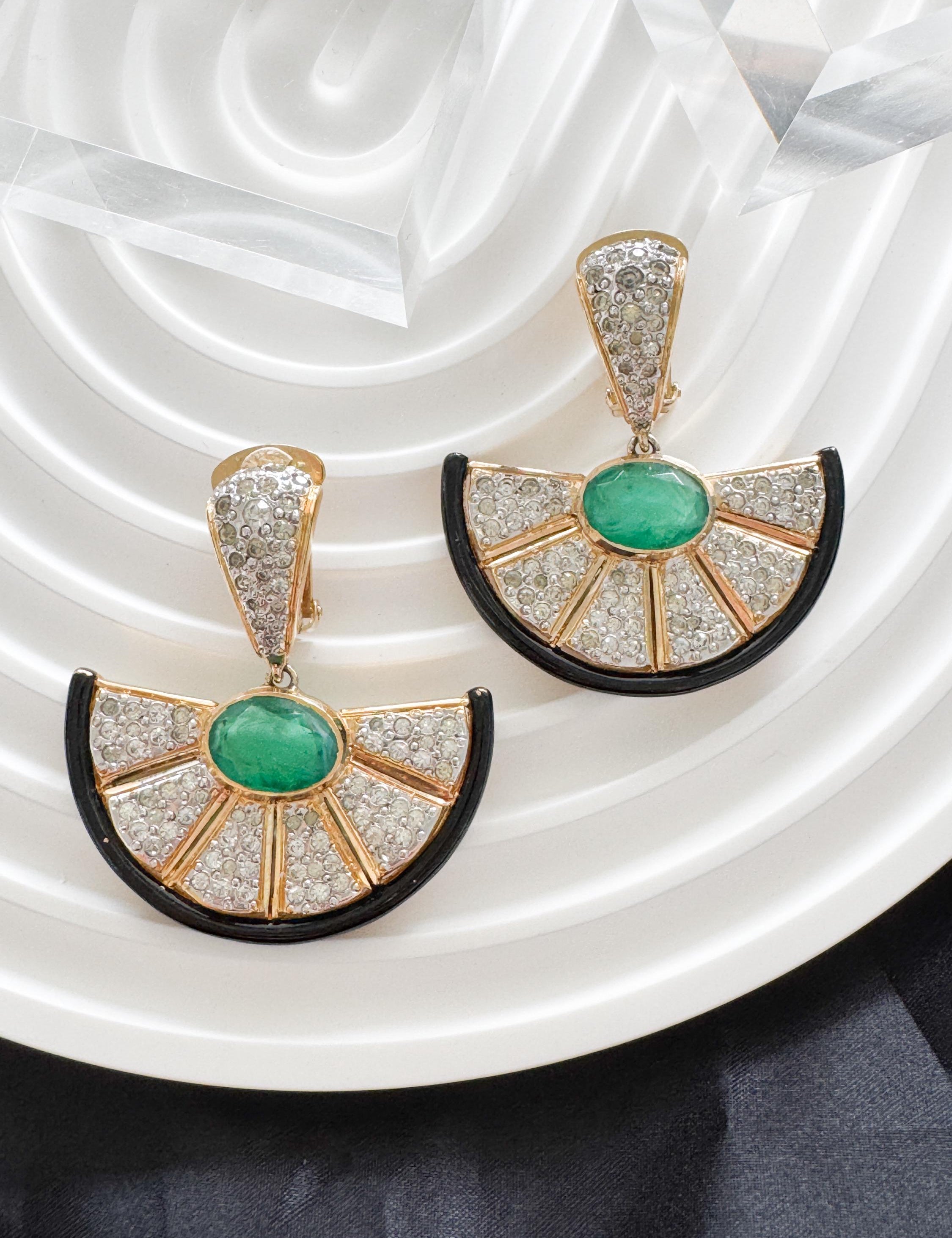 Vintage Vogue Bijoux Clip-On Earrings: Emerald Cabochon, Crystals, Black Enamel, Jewelry for Women, Luxury Vintage, Earrings Drop Gold