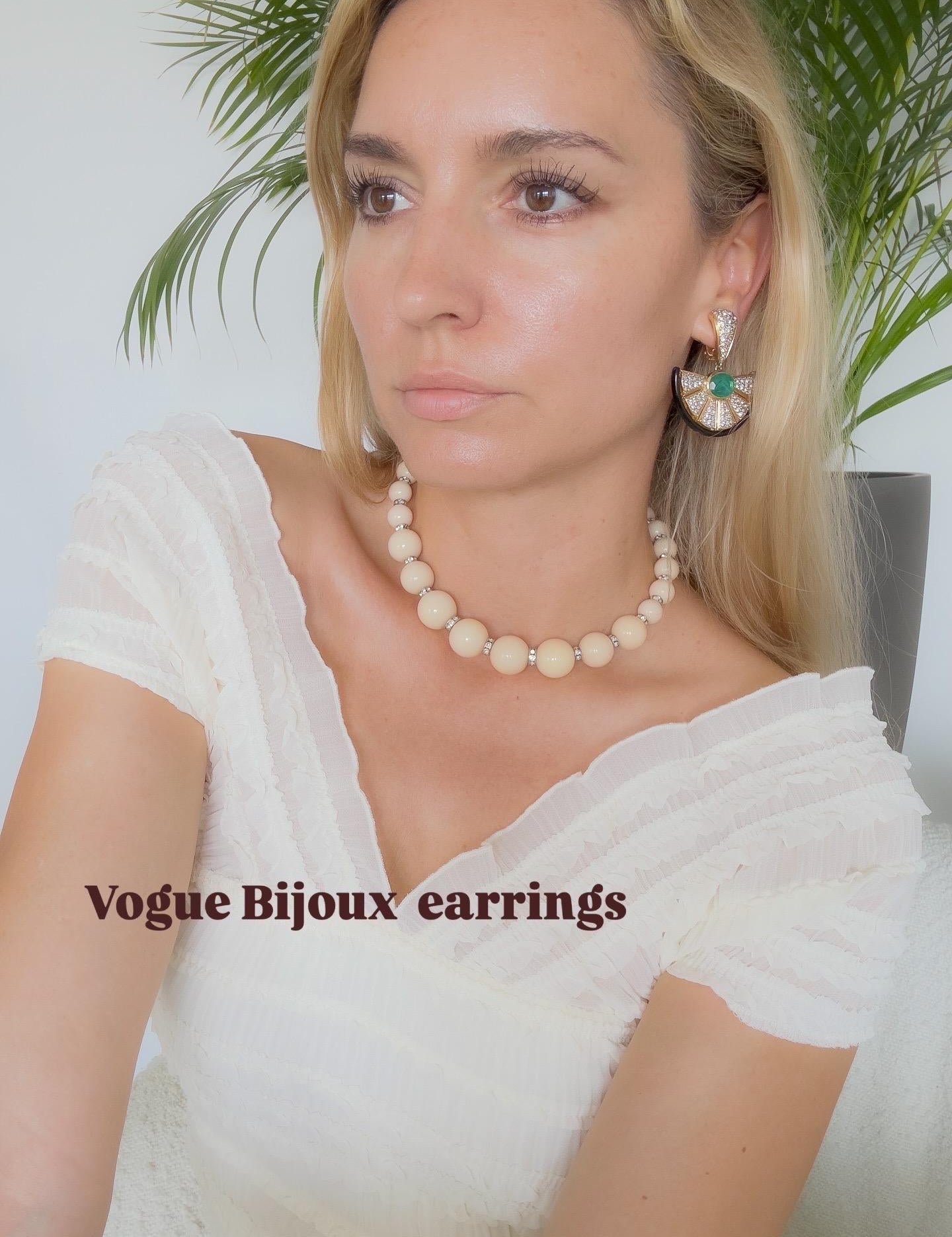 Vintage Vogue Bijoux Clip-On Earrings: Emerald Cabochon, Crystals, Black Enamel, Jewelry for Women, Luxury Vintage, Earrings Drop Gold