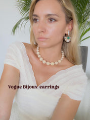 Vintage Vogue Bijoux Clip-On Earrings: Emerald Cabochon, Crystals, Black Enamel, Jewelry for Women, Luxury Vintage, Earrings Drop Gold