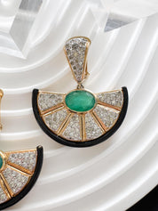 Vintage Vogue Bijoux Clip-On Earrings: Emerald Cabochon, Crystals, Black Enamel, Jewelry for Women, Luxury Vintage, Earrings Drop Gold
