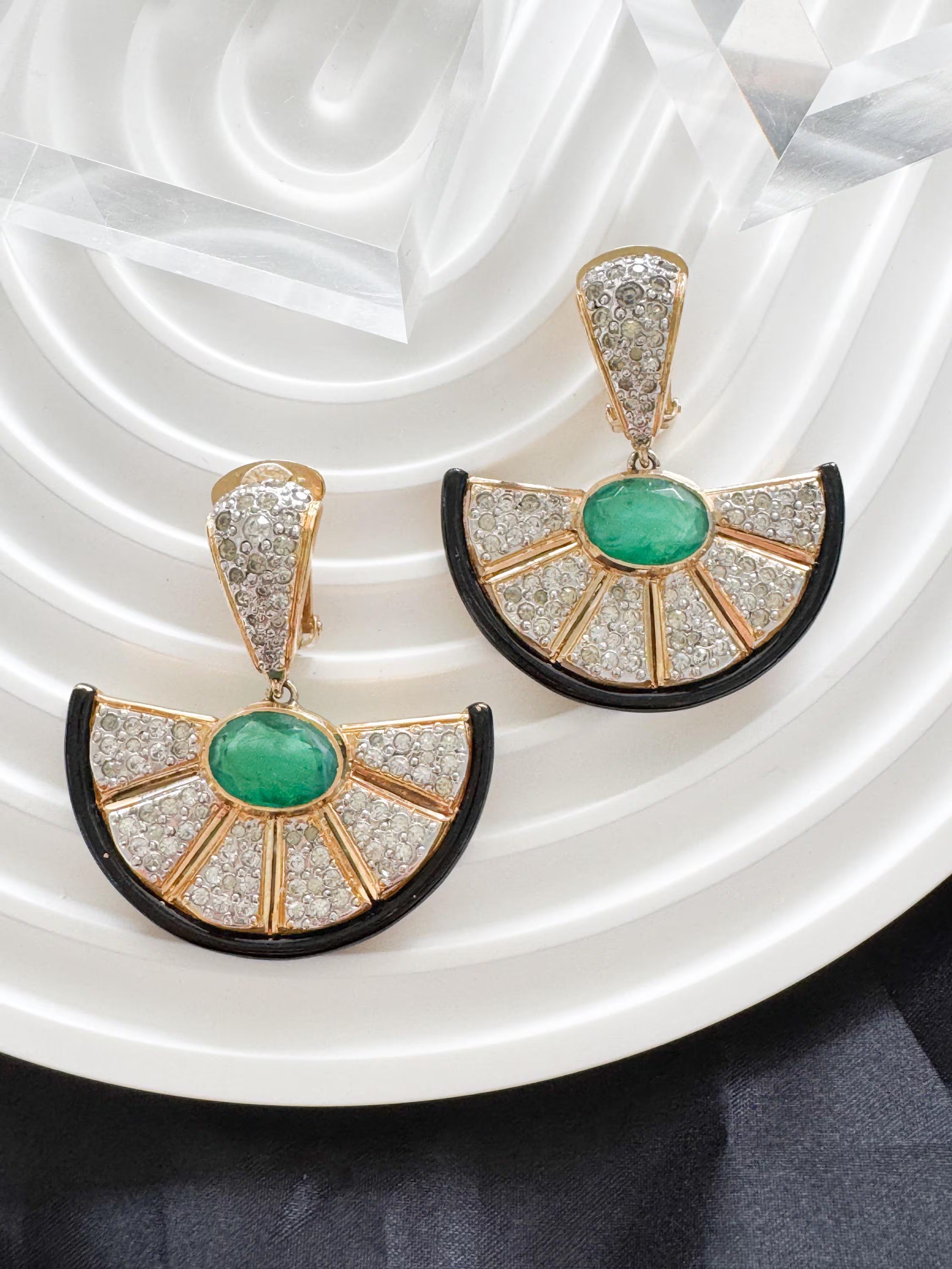 Vintage Vogue Bijoux Clip-On Earrings: Emerald Cabochon, Crystals, Black Enamel, Jewelry for Women, Luxury Vintage, Earrings Drop Gold
