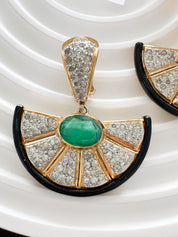 Vintage Vogue Bijoux Clip-On Earrings: Emerald Cabochon, Crystals, Black Enamel, Jewelry for Women, Luxury Vintage, Earrings Drop Gold