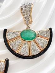 Vintage Vogue Bijoux Clip-On Earrings: Emerald Cabochon, Crystals, Black Enamel, Jewelry for Women, Luxury Vintage, Earrings Drop Gold