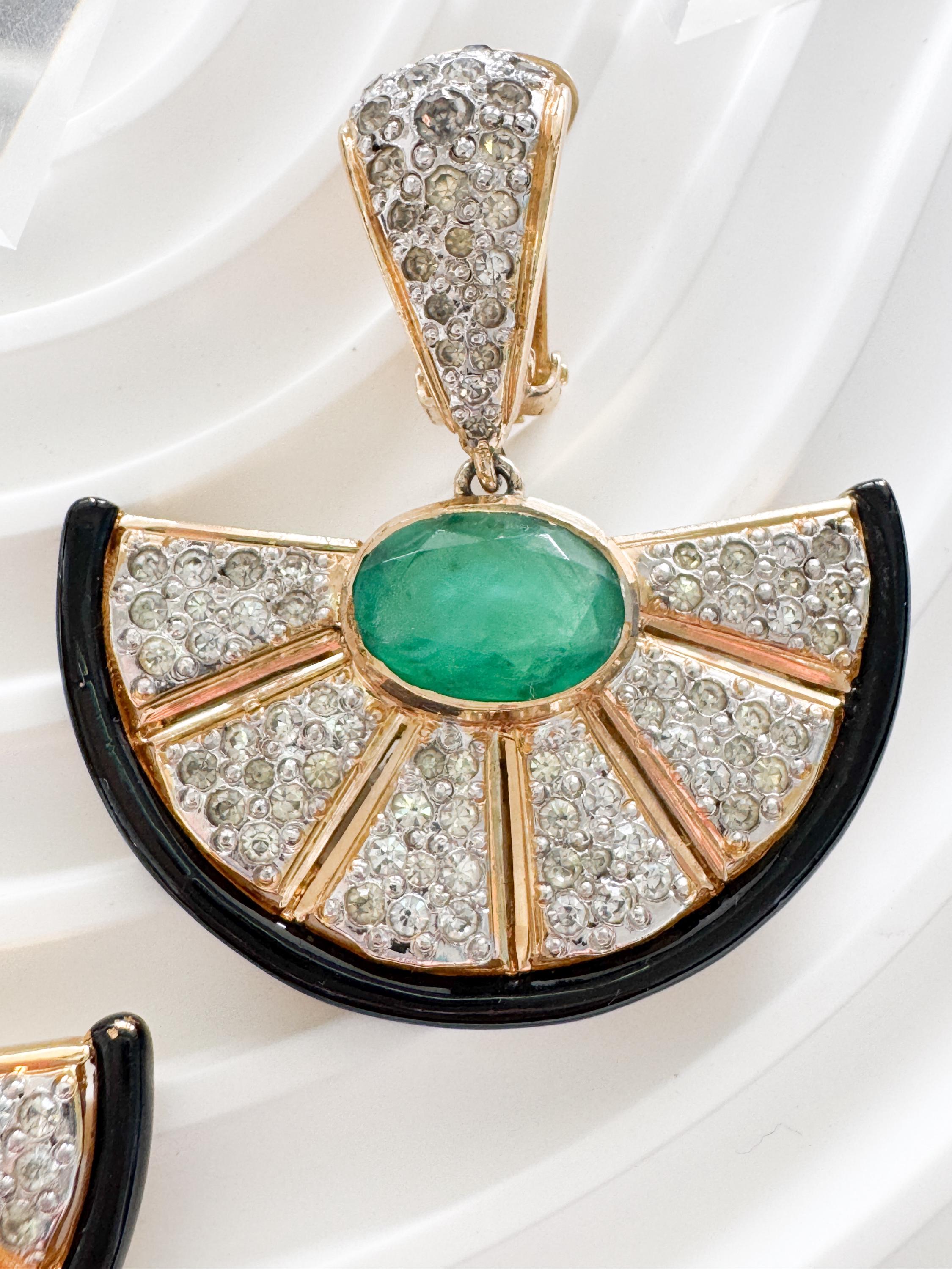 Vintage Vogue Bijoux Clip-On Earrings: Emerald Cabochon, Crystals, Black Enamel, Jewelry for Women, Luxury Vintage, Earrings Drop Gold