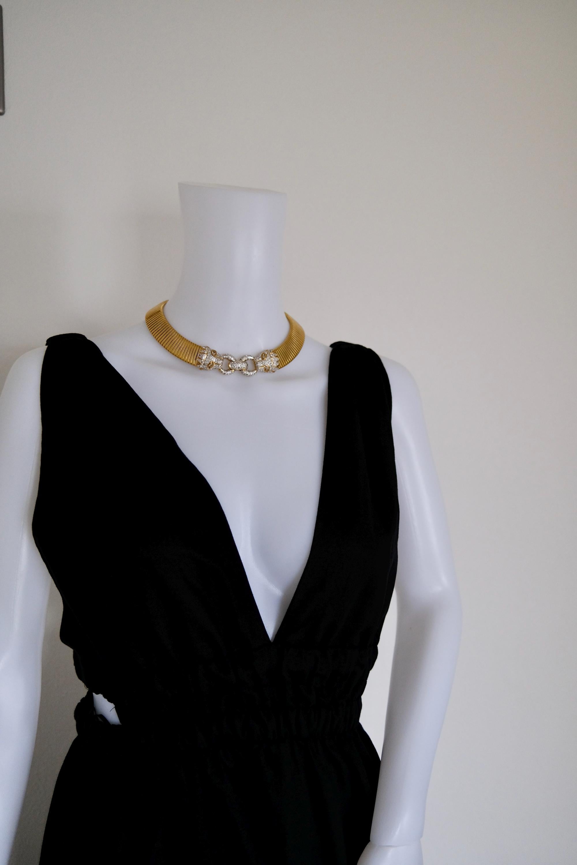 Vintage Vogue Bijoux gold-tone collar choker with two crystal pavé feline heads and hidden front closure