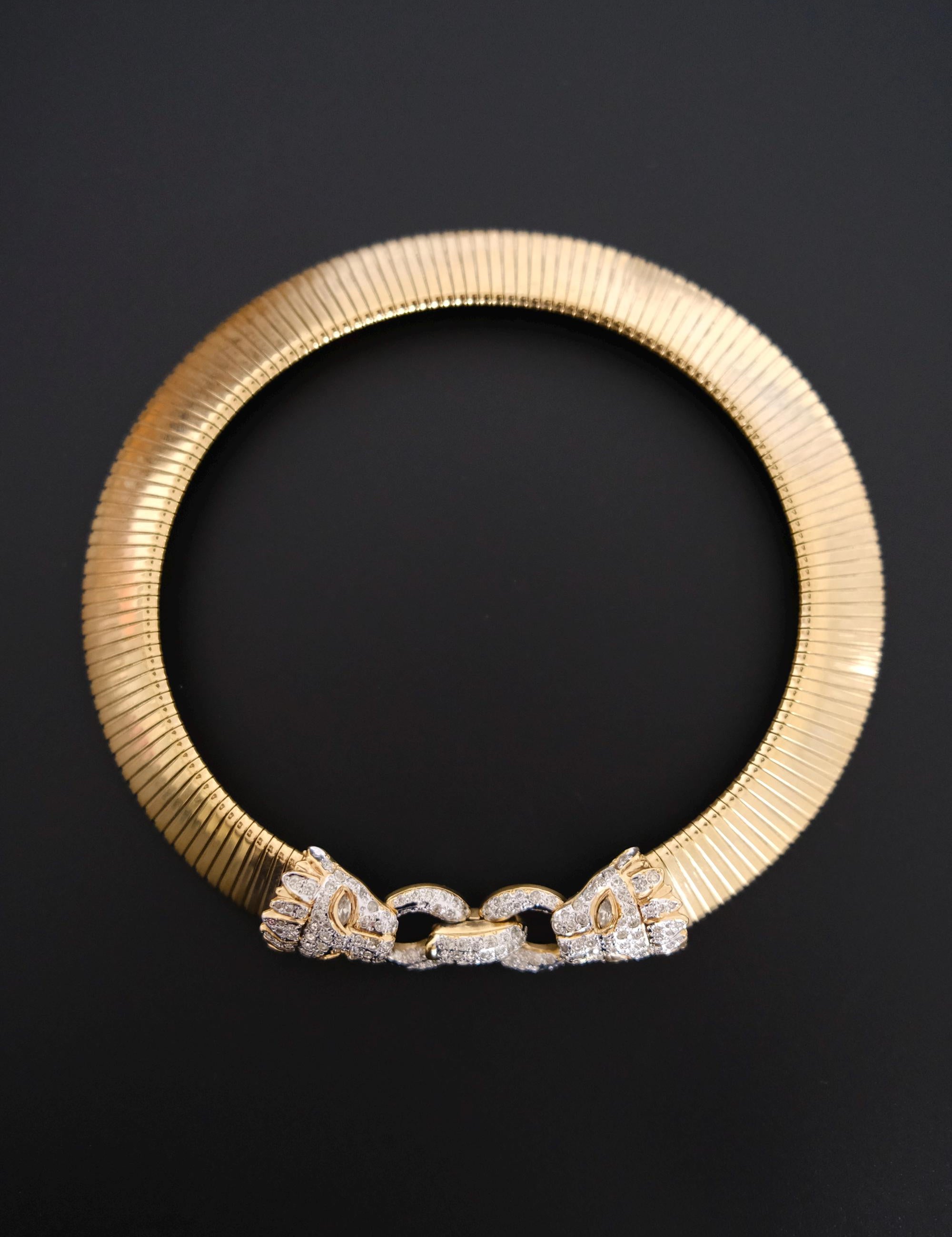 Vintage Vogue Bijoux gold-tone collar choker with two crystal pavé feline heads and hidden front closure