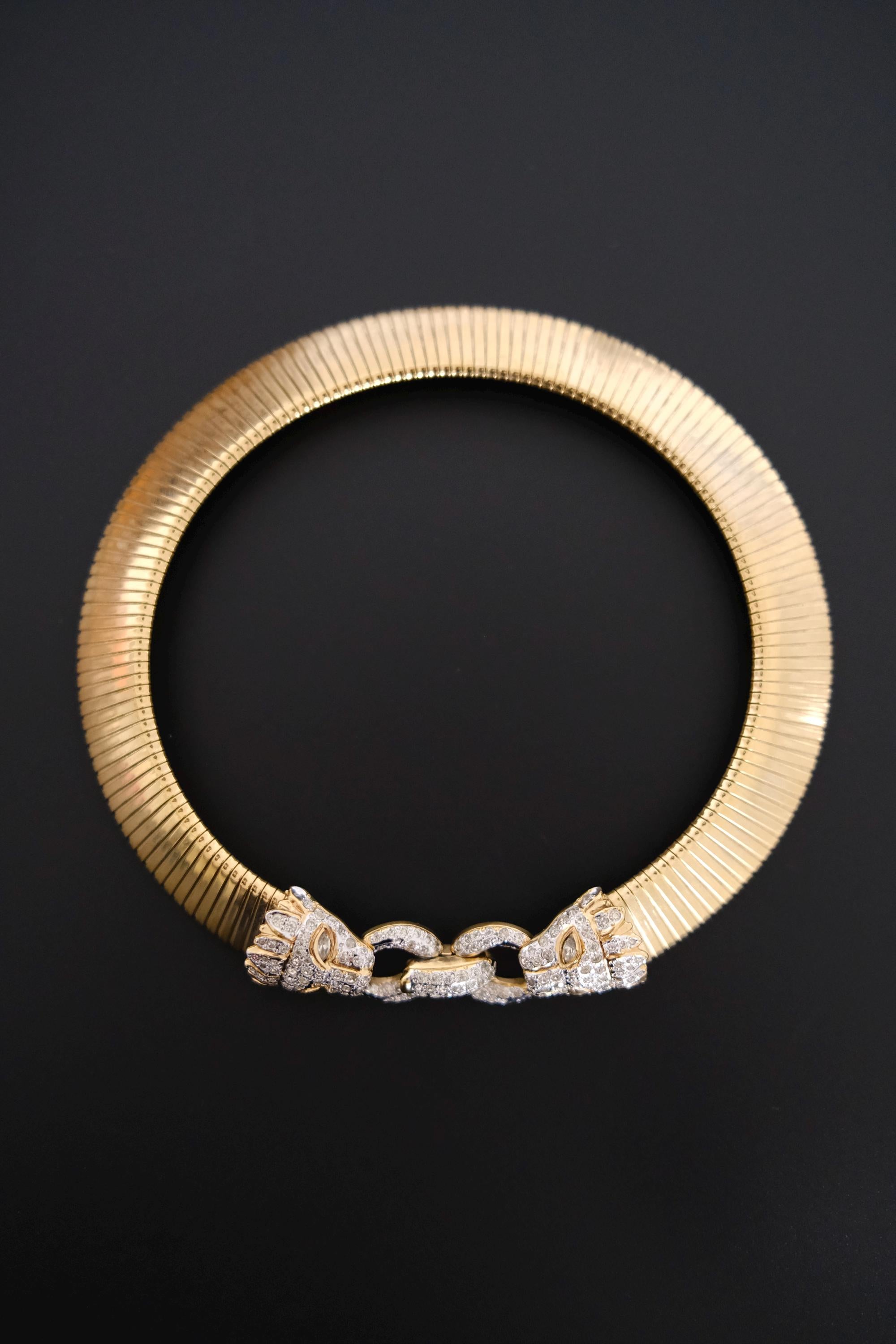 Vintage Vogue Bijoux gold-tone collar choker with two crystal pavé feline heads and hidden front closure