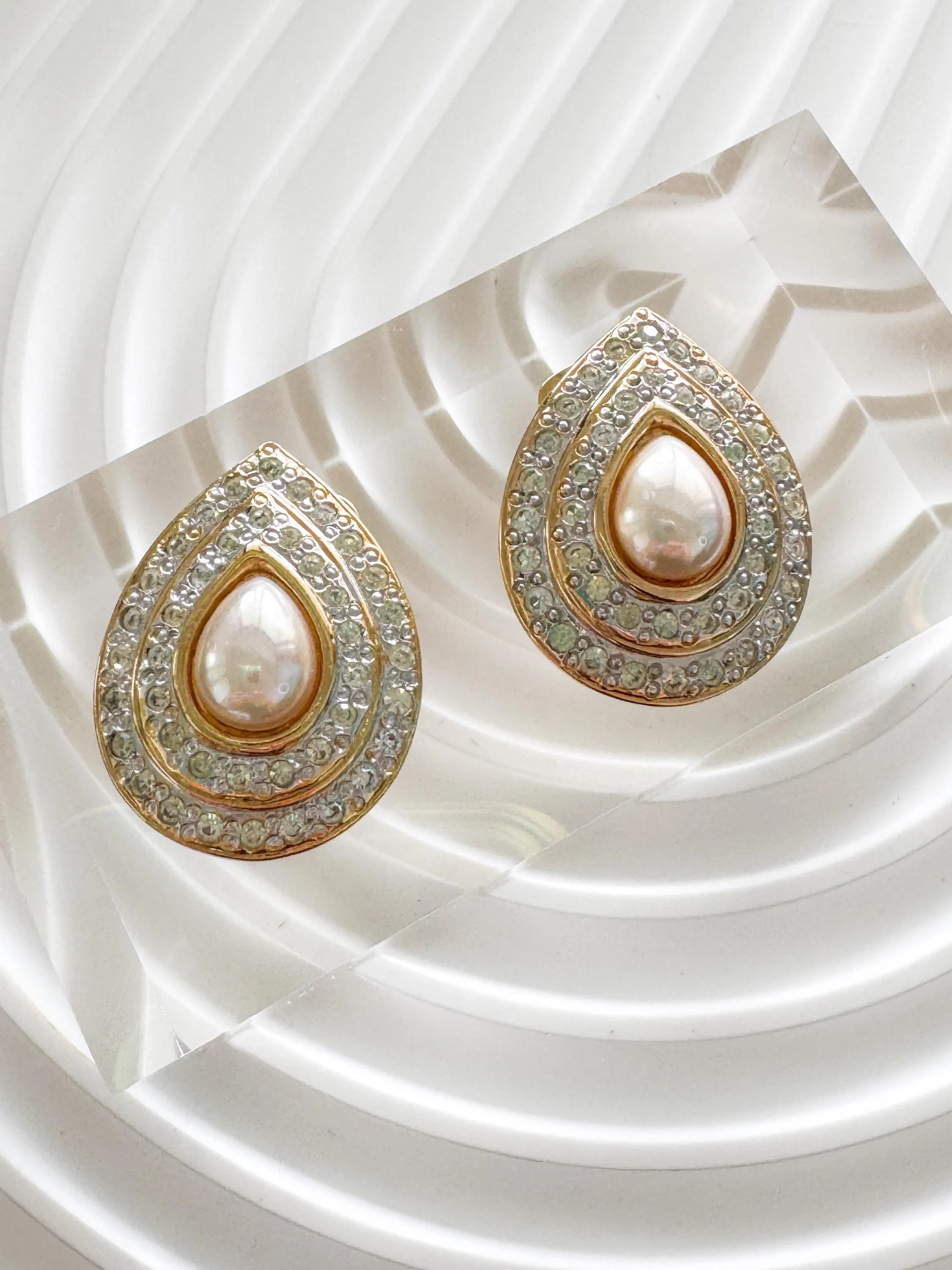Vintage Vogue Bijoux Teardrop Clip-On Earrings Faux Pearl & Crystal, 1980s, Bridal Jewelry, Jewelry for Women, Statement Earrings