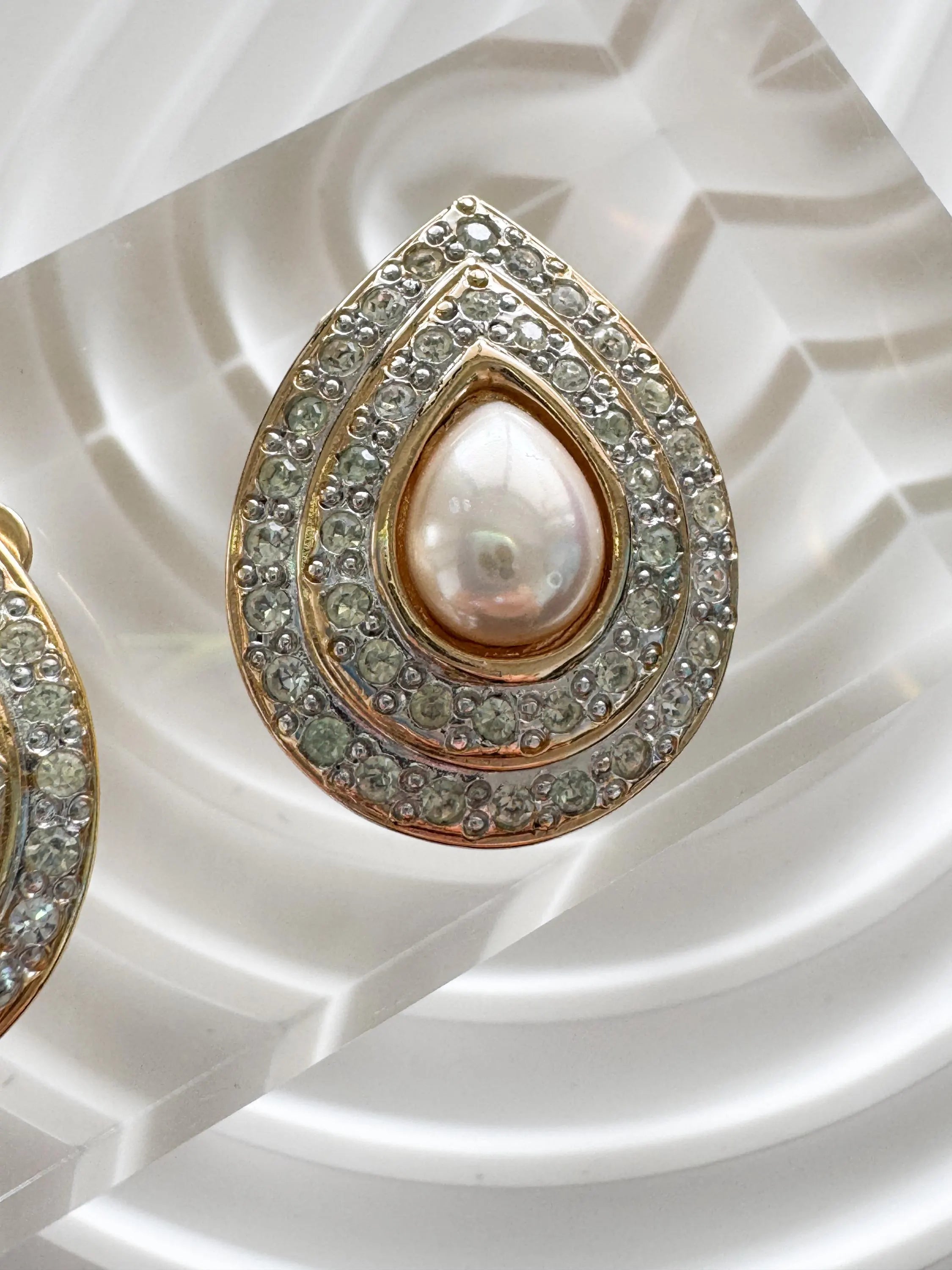Vintage Vogue Bijoux Teardrop Clip-On Earrings Faux Pearl & Crystal, 1980s, Bridal Jewelry, Jewelry for Women, Statement Earrings