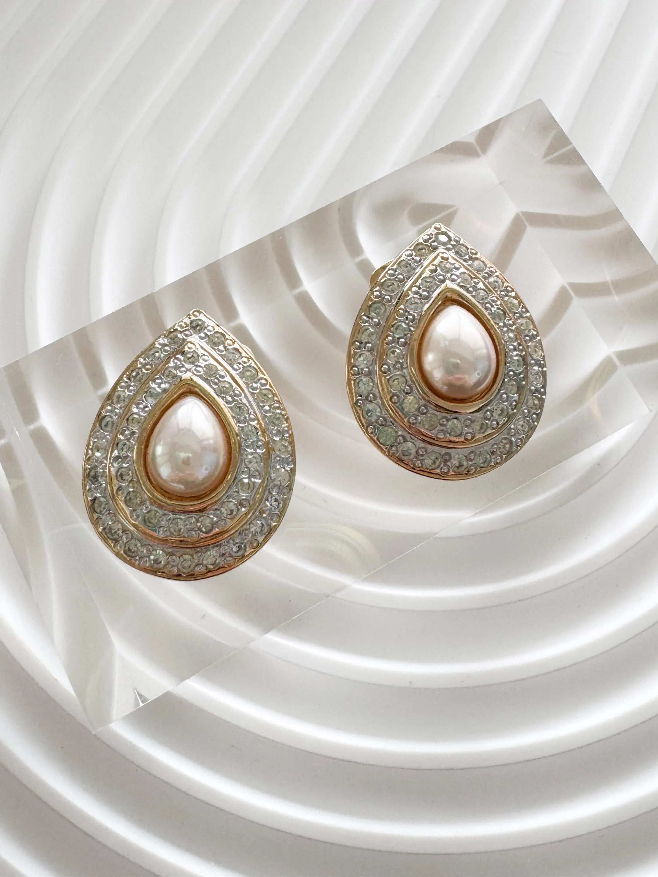 Vintage Vogue Bijoux Teardrop Clip-On Earrings Faux Pearl & Crystal, 1980s, Bridal Jewelry, Jewelry for Women, Statement Earrings