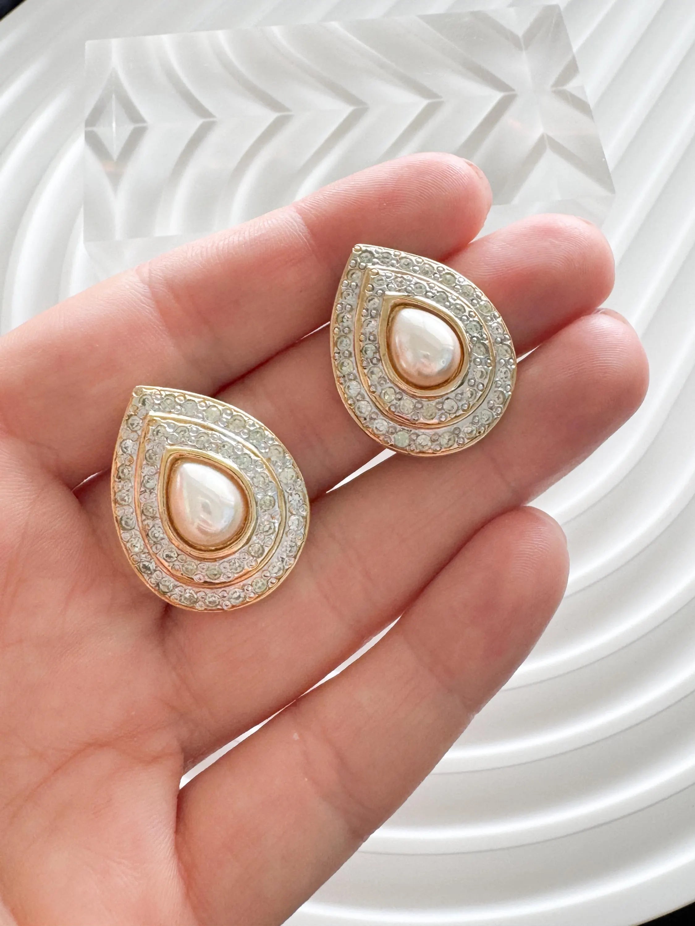 Vintage Vogue Bijoux Teardrop Clip-On Earrings Faux Pearl & Crystal, 1980s, Bridal Jewelry, Jewelry for Women, Statement Earrings